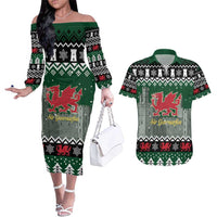 Caernarfonshire Wales Christmas Couples Matching Off The Shoulder Long Sleeve Dress and Hawaiian Shirt Caernarfon Castle Red Dragon - Wonder Print Shop