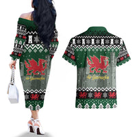 Caernarfonshire Wales Christmas Couples Matching Off The Shoulder Long Sleeve Dress and Hawaiian Shirt Caernarfon Castle Red Dragon - Wonder Print Shop