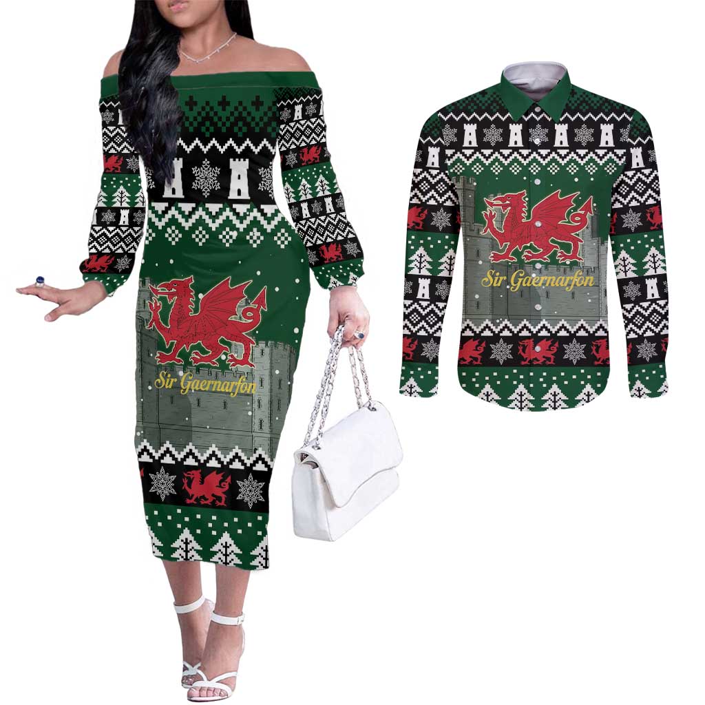 Caernarfonshire Wales Christmas Couples Matching Off The Shoulder Long Sleeve Dress and Long Sleeve Button Shirt Caernarfon Castle Red Dragon - Wonder Print Shop
