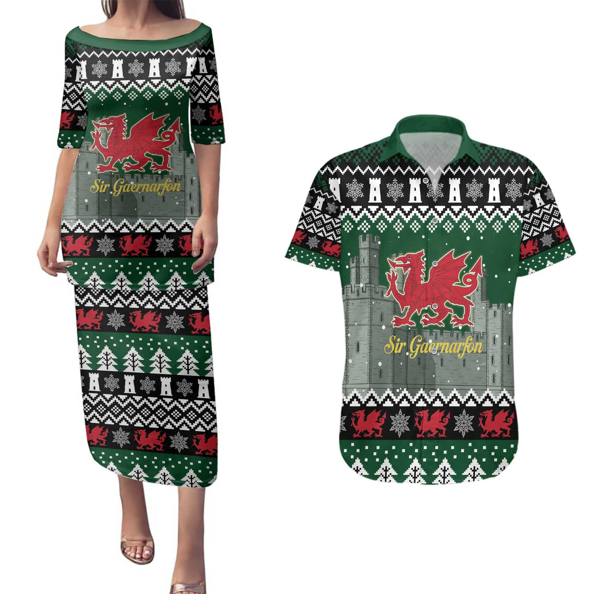 Caernarfonshire Wales Christmas Couples Matching Puletasi and Hawaiian Shirt Caernarfon Castle Red Dragon - Wonder Print Shop
