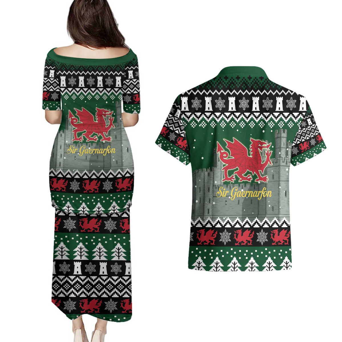 Caernarfonshire Wales Christmas Couples Matching Puletasi and Hawaiian Shirt Caernarfon Castle Red Dragon - Wonder Print Shop