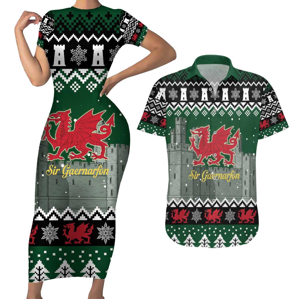 Caernarfonshire Wales Christmas Couples Matching Short Sleeve Bodycon Dress and Hawaiian Shirt Caernarfon Castle Red Dragon - Wonder Print Shop