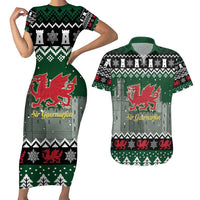 Caernarfonshire Wales Christmas Couples Matching Short Sleeve Bodycon Dress and Hawaiian Shirt Caernarfon Castle Red Dragon - Wonder Print Shop