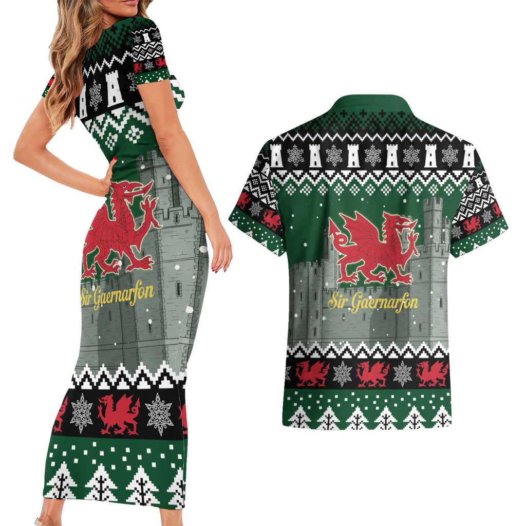 Caernarfonshire Wales Christmas Couples Matching Short Sleeve Bodycon Dress and Hawaiian Shirt Caernarfon Castle Red Dragon - Wonder Print Shop