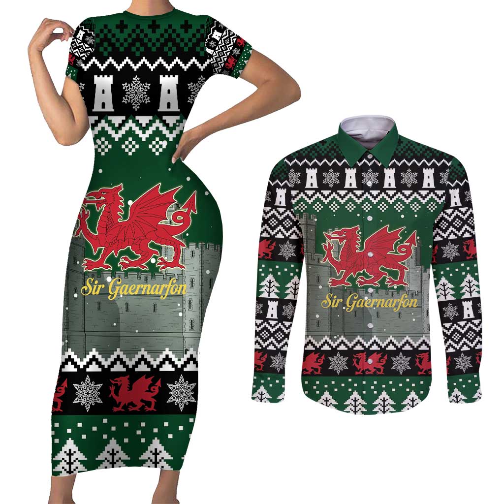 Caernarfonshire Wales Christmas Couples Matching Short Sleeve Bodycon Dress and Long Sleeve Button Shirt Caernarfon Castle Red Dragon - Wonder Print Shop