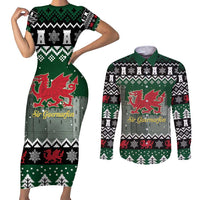 Caernarfonshire Wales Christmas Couples Matching Short Sleeve Bodycon Dress and Long Sleeve Button Shirt Caernarfon Castle Red Dragon - Wonder Print Shop