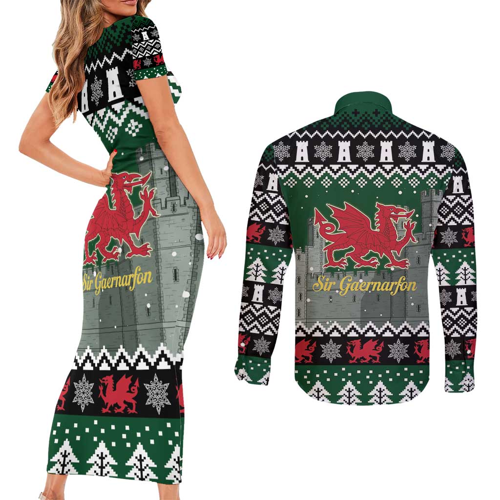 Caernarfonshire Wales Christmas Couples Matching Short Sleeve Bodycon Dress and Long Sleeve Button Shirt Caernarfon Castle Red Dragon - Wonder Print Shop