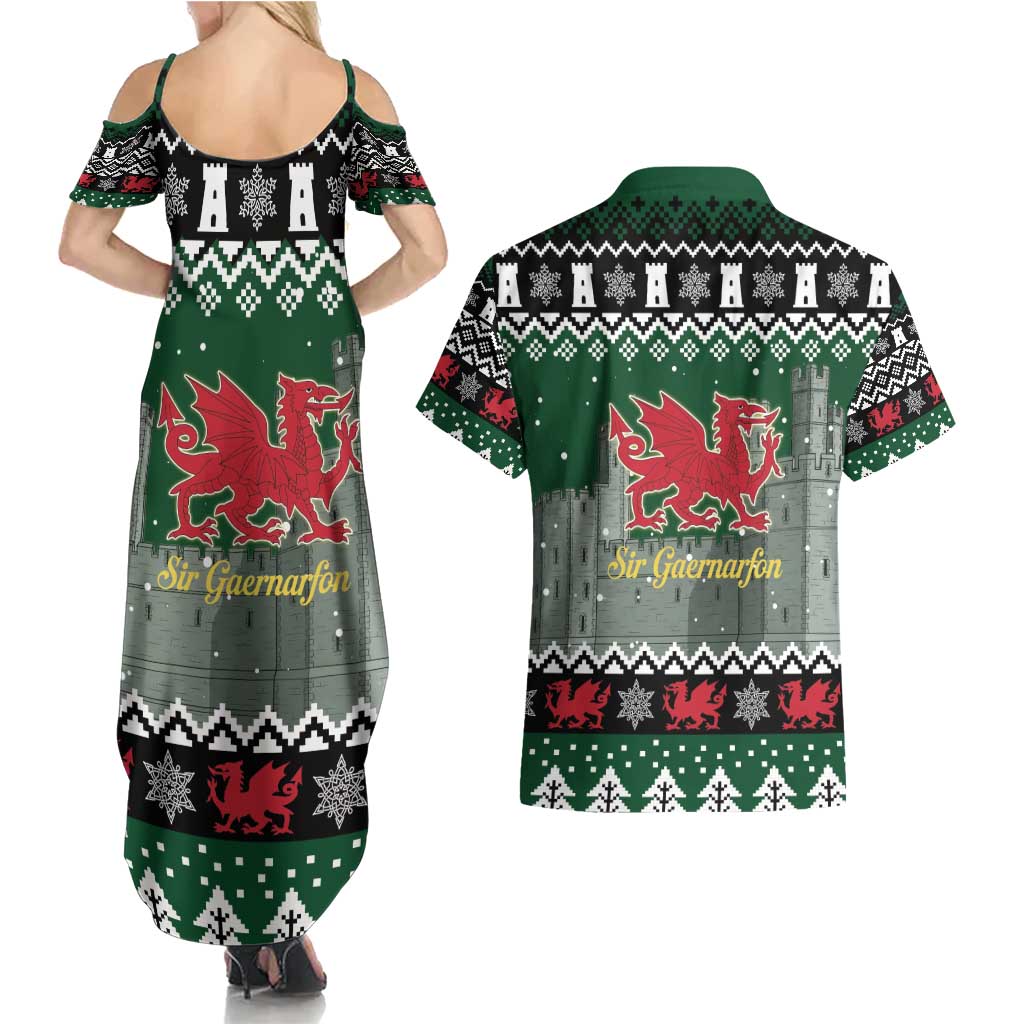 Caernarfonshire Wales Christmas Couples Matching Summer Maxi Dress and Hawaiian Shirt Caernarfon Castle Red Dragon - Wonder Print Shop