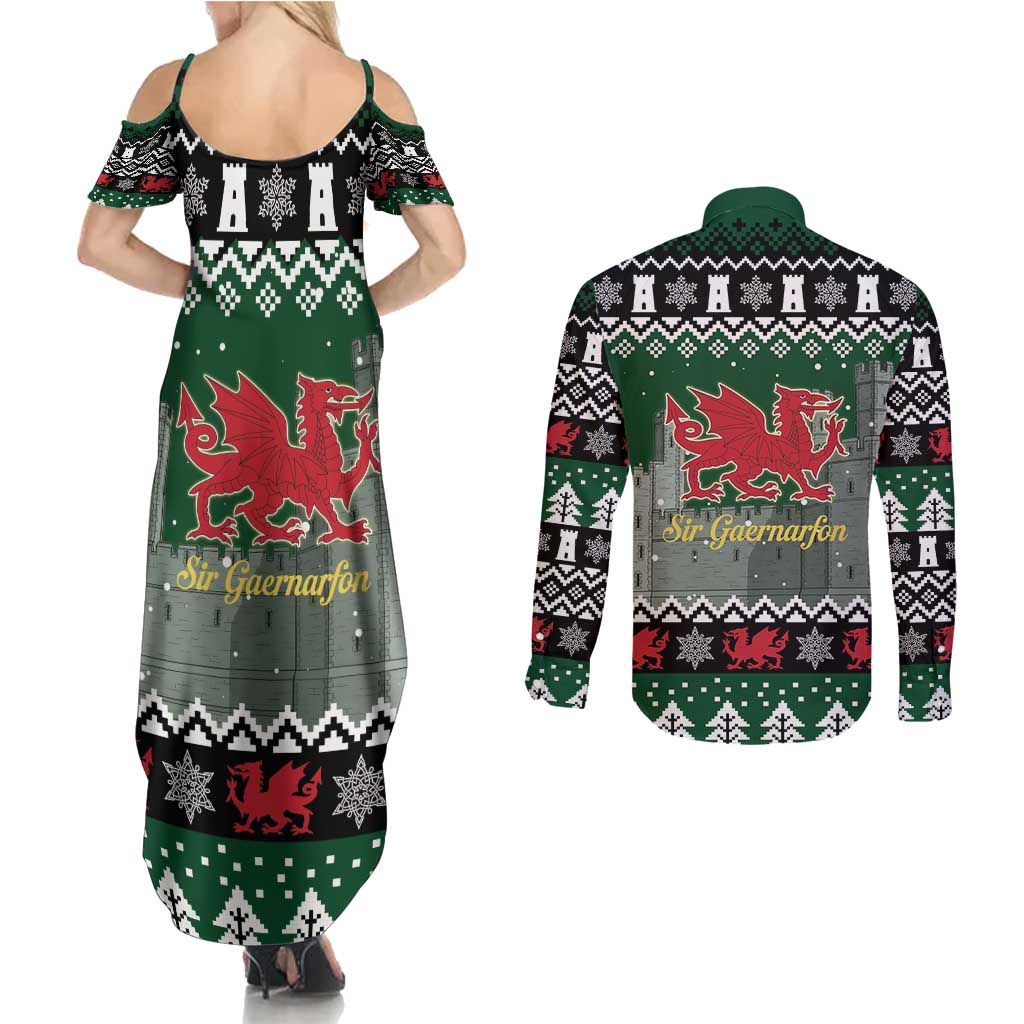 Caernarfonshire Wales Christmas Couples Matching Summer Maxi Dress and Long Sleeve Button Shirt Caernarfon Castle Red Dragon - Wonder Print Shop