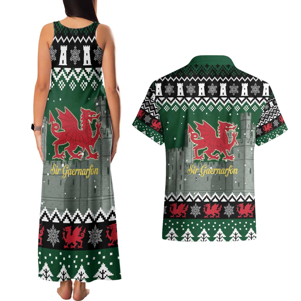 Caernarfonshire Wales Christmas Couples Matching Tank Maxi Dress and Hawaiian Shirt Caernarfon Castle Red Dragon - Wonder Print Shop