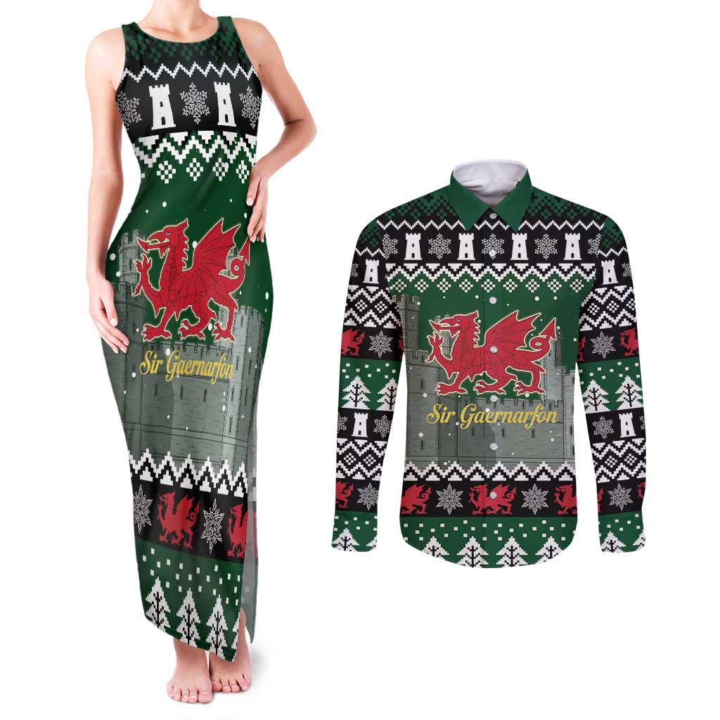 Caernarfonshire Wales Christmas Couples Matching Tank Maxi Dress and Long Sleeve Button Shirt Caernarfon Castle Red Dragon - Wonder Print Shop