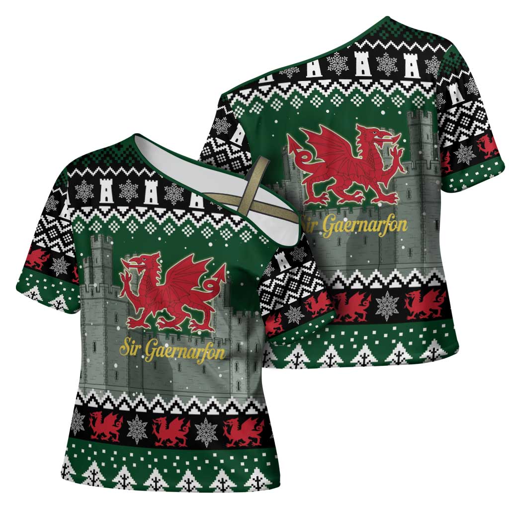 Caernarfonshire Wales Christmas Cross Shoulder Shirt Caernarfon Castle Red Dragon - Wonder Print Shop
