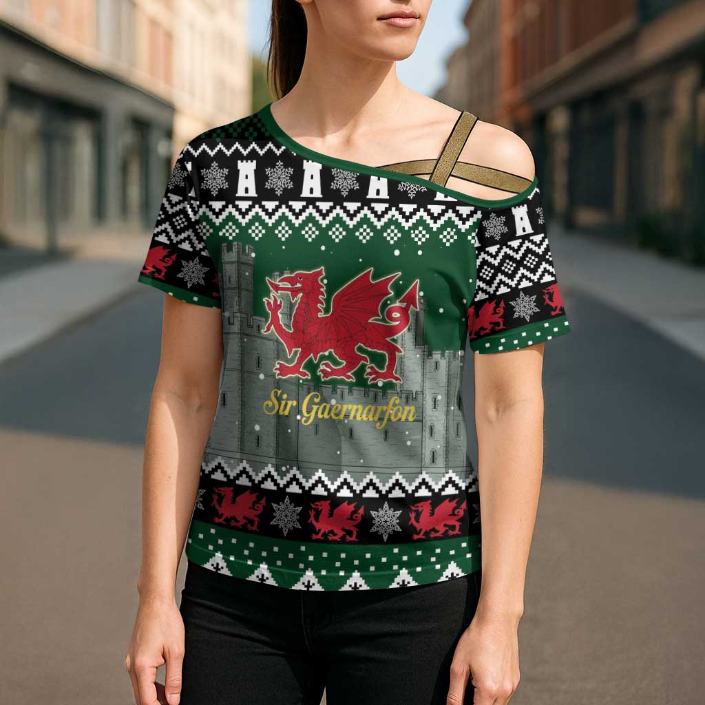Caernarfonshire Wales Christmas Cross Shoulder Shirt Caernarfon Castle Red Dragon - Wonder Print Shop