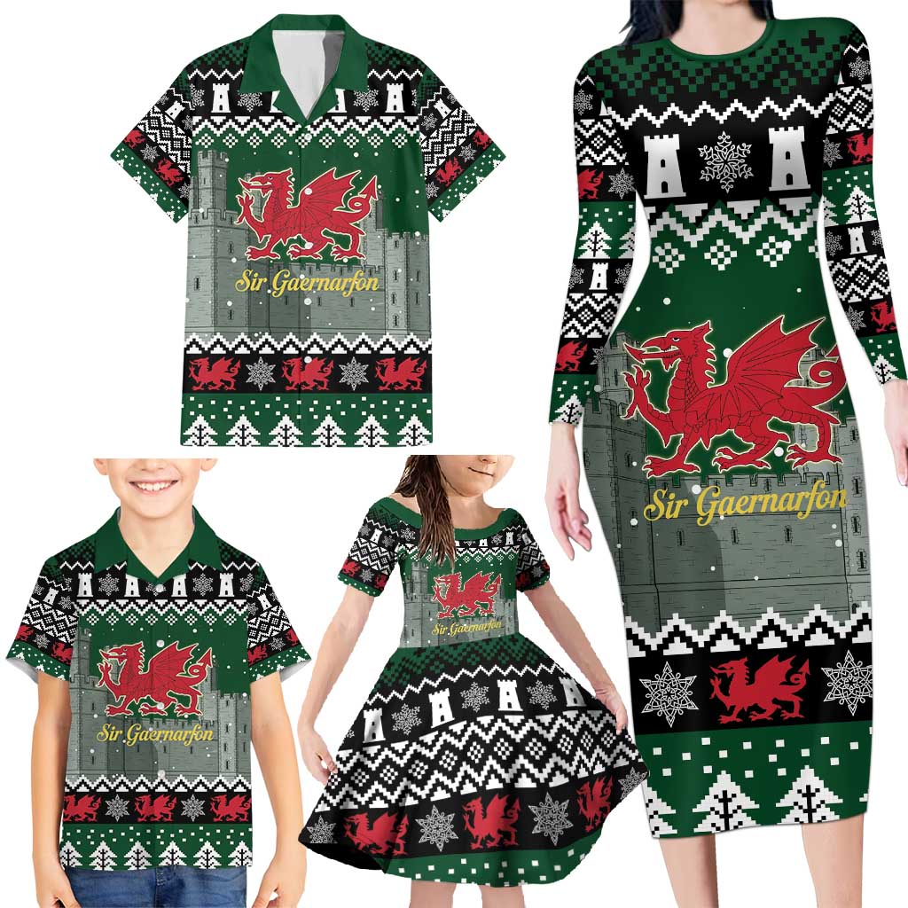 Caernarfonshire Wales Christmas Family Matching Long Sleeve Bodycon Dress and Hawaiian Shirt Caernarfon Castle Red Dragon - Wonder Print Shop