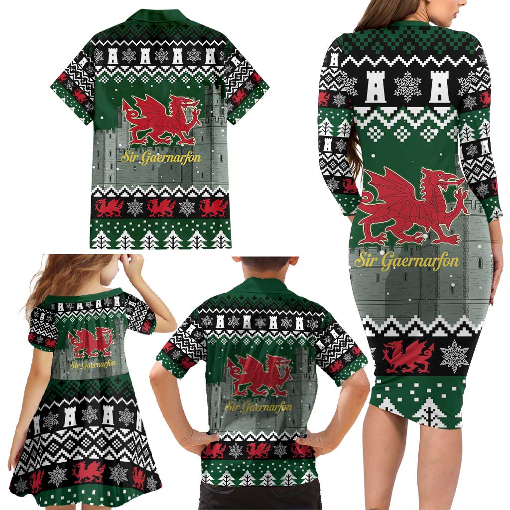 Caernarfonshire Wales Christmas Family Matching Long Sleeve Bodycon Dress and Hawaiian Shirt Caernarfon Castle Red Dragon - Wonder Print Shop