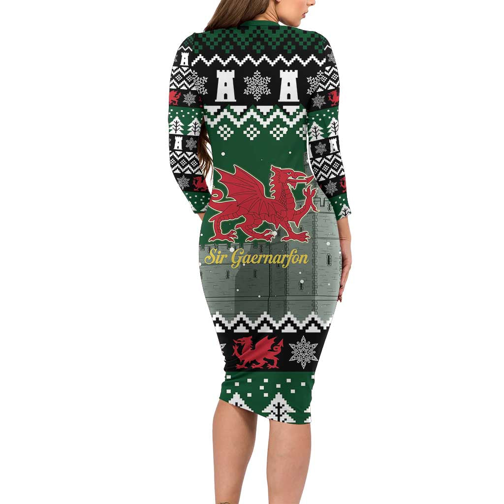 Caernarfonshire Wales Christmas Family Matching Long Sleeve Bodycon Dress and Hawaiian Shirt Caernarfon Castle Red Dragon - Wonder Print Shop