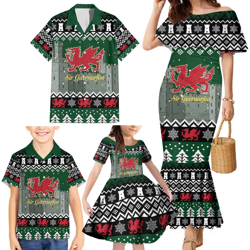 Caernarfonshire Wales Christmas Family Matching Mermaid Dress and Hawaiian Shirt Caernarfon Castle Red Dragon - Wonder Print Shop