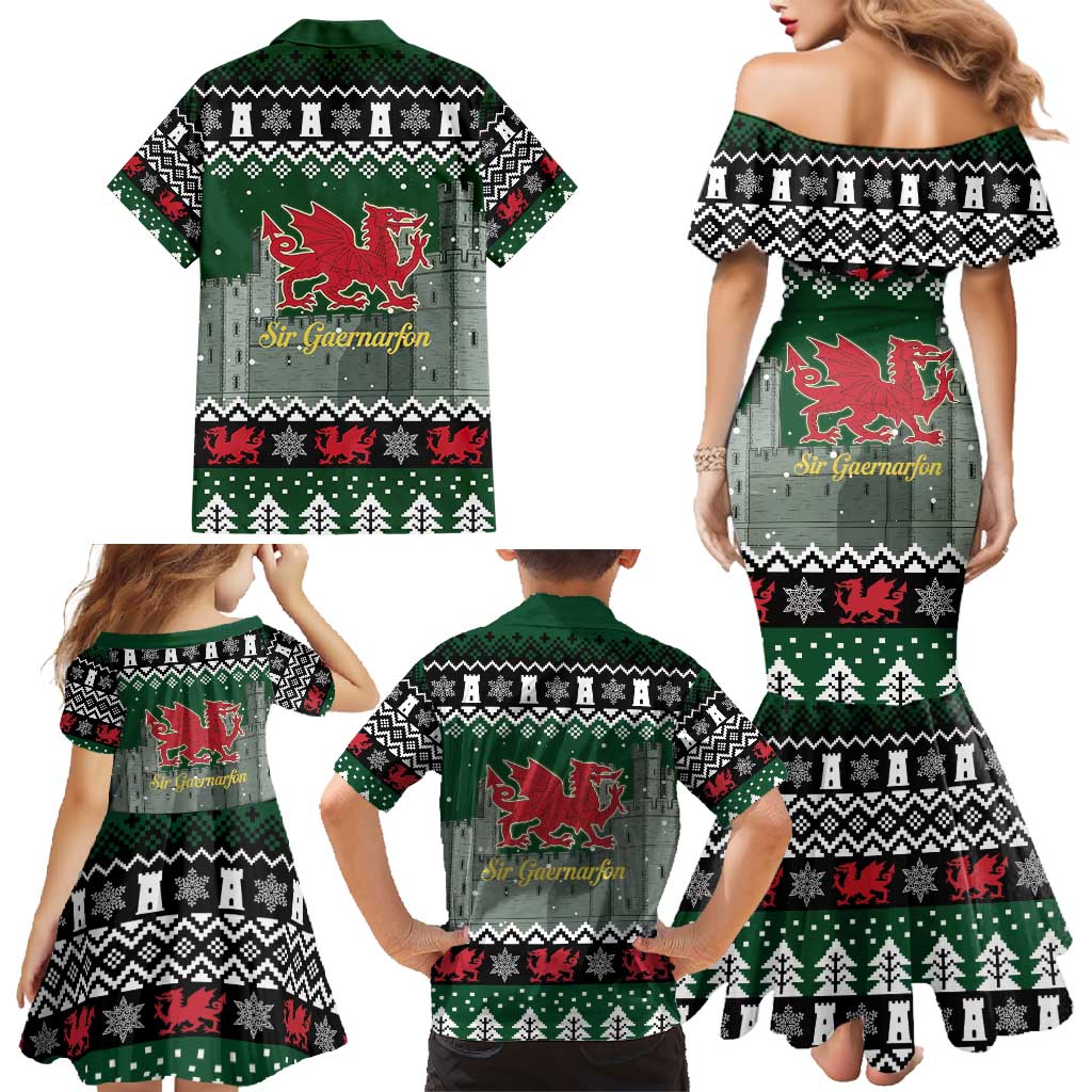 Caernarfonshire Wales Christmas Family Matching Mermaid Dress and Hawaiian Shirt Caernarfon Castle Red Dragon - Wonder Print Shop