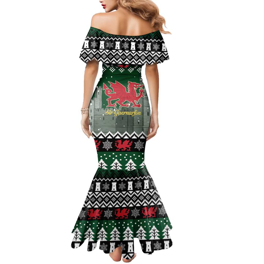 Caernarfonshire Wales Christmas Family Matching Mermaid Dress and Hawaiian Shirt Caernarfon Castle Red Dragon - Wonder Print Shop