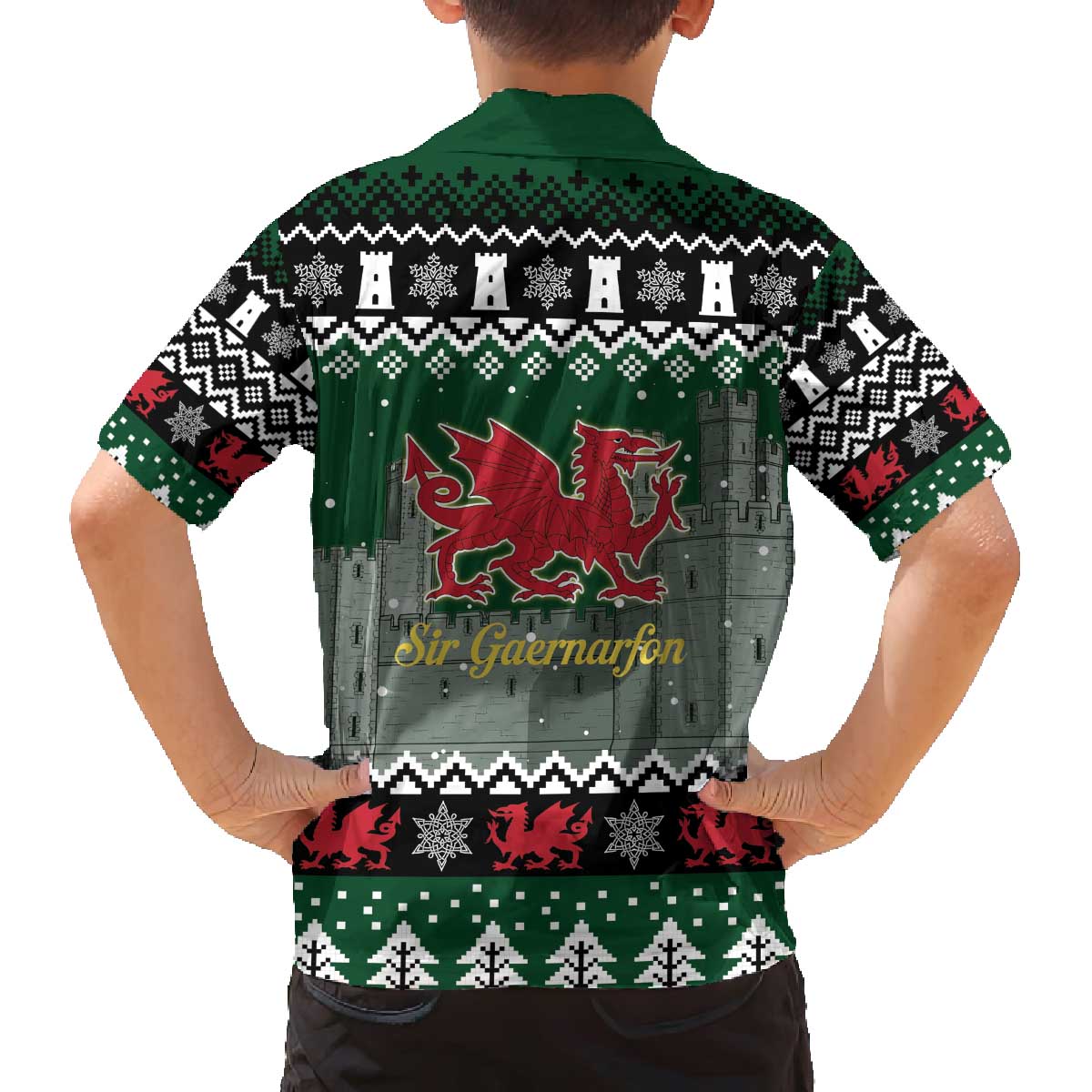 Caernarfonshire Wales Christmas Family Matching Off The Shoulder Long Sleeve Dress and Hawaiian Shirt Caernarfon Castle Red Dragon - Wonder Print Shop