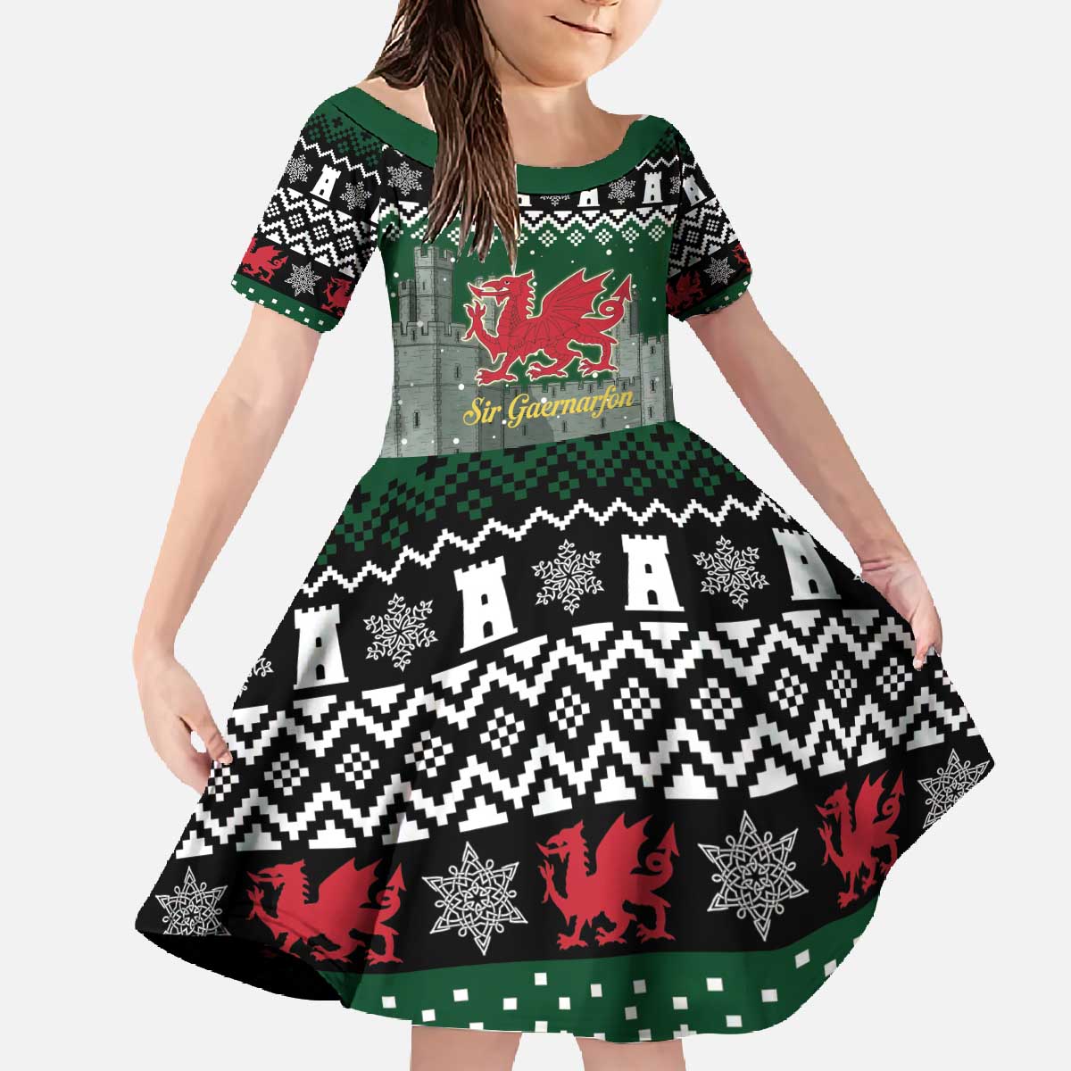 Caernarfonshire Wales Christmas Family Matching Off The Shoulder Long Sleeve Dress and Hawaiian Shirt Caernarfon Castle Red Dragon - Wonder Print Shop