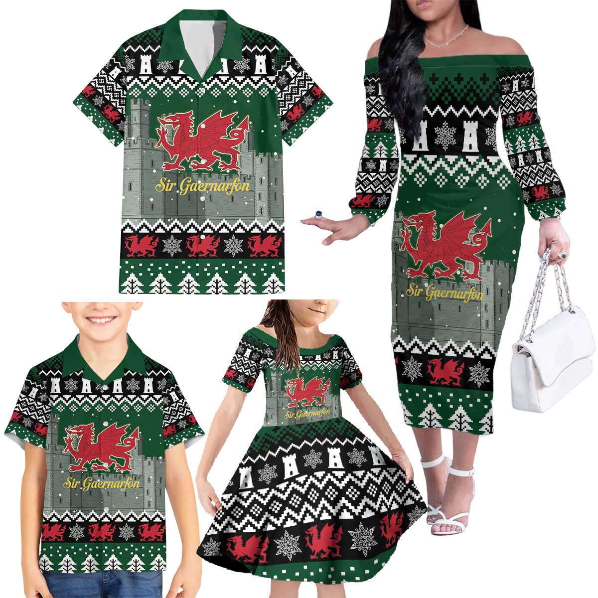 Caernarfonshire Wales Christmas Family Matching Off The Shoulder Long Sleeve Dress and Hawaiian Shirt Caernarfon Castle Red Dragon - Wonder Print Shop