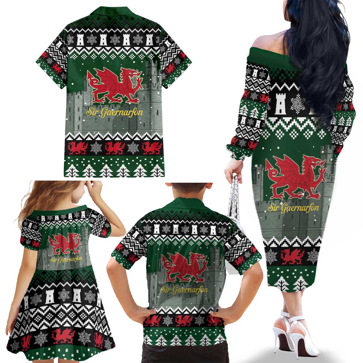 Caernarfonshire Wales Christmas Family Matching Off The Shoulder Long Sleeve Dress and Hawaiian Shirt Caernarfon Castle Red Dragon - Wonder Print Shop