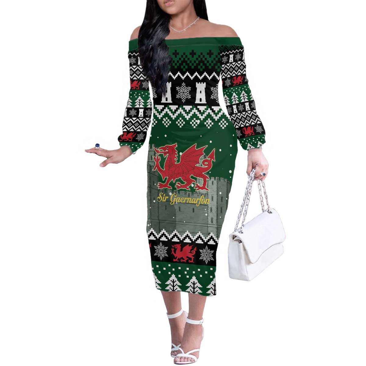Caernarfonshire Wales Christmas Family Matching Off The Shoulder Long Sleeve Dress and Hawaiian Shirt Caernarfon Castle Red Dragon - Wonder Print Shop