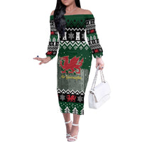 Caernarfonshire Wales Christmas Family Matching Off The Shoulder Long Sleeve Dress and Hawaiian Shirt Caernarfon Castle Red Dragon - Wonder Print Shop