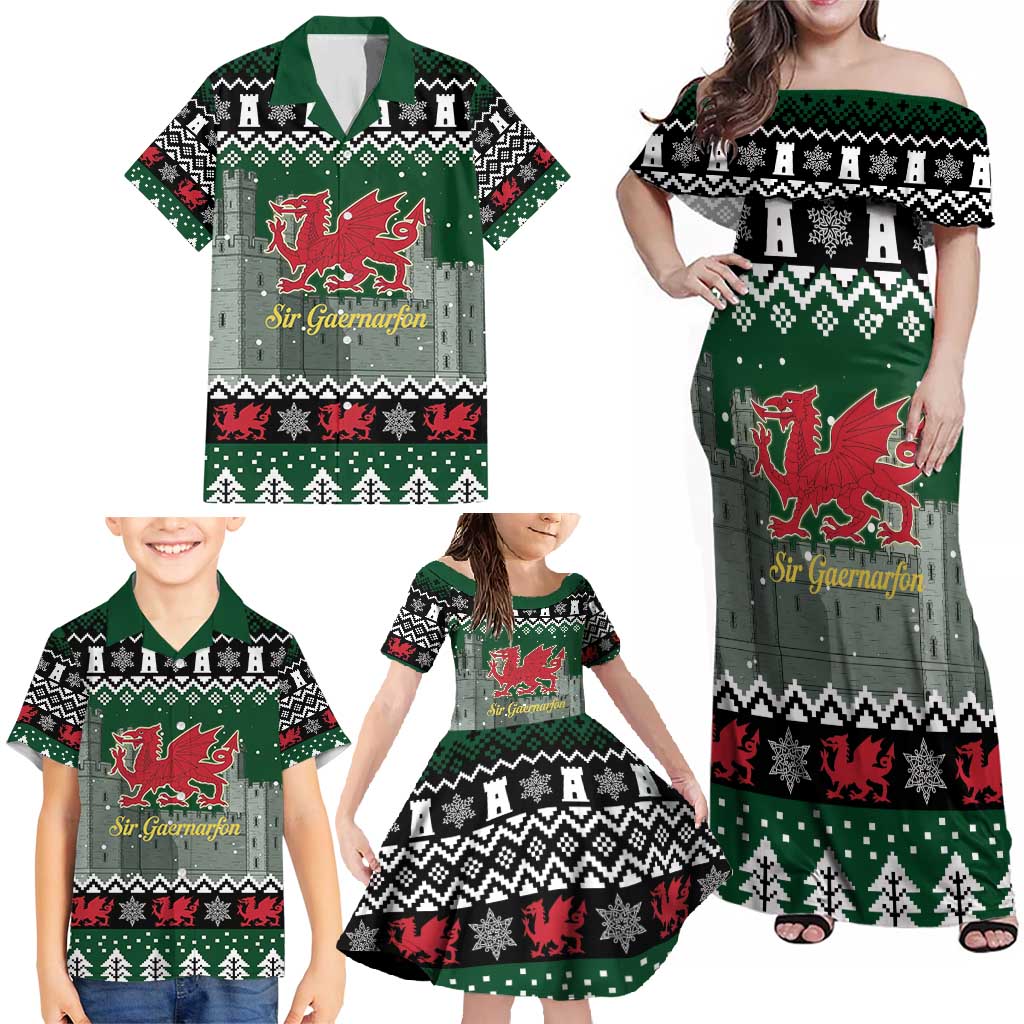 Caernarfonshire Wales Christmas Family Matching Off Shoulder Maxi Dress and Hawaiian Shirt Caernarfon Castle Red Dragon - Wonder Print Shop
