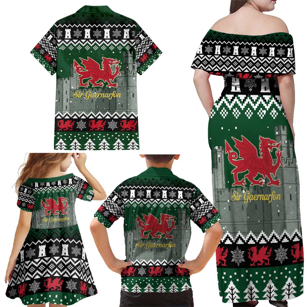Caernarfonshire Wales Christmas Family Matching Off Shoulder Maxi Dress and Hawaiian Shirt Caernarfon Castle Red Dragon - Wonder Print Shop