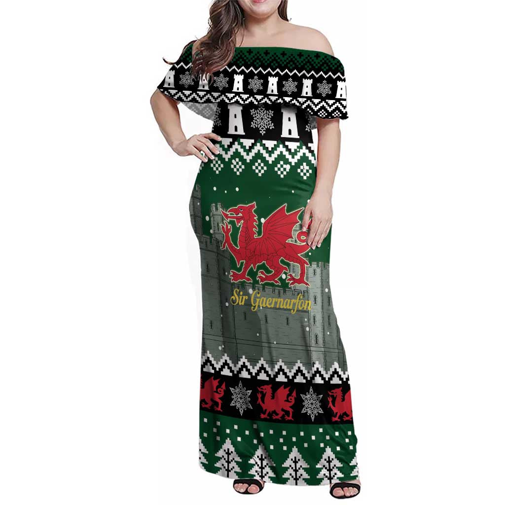 Caernarfonshire Wales Christmas Family Matching Off Shoulder Maxi Dress and Hawaiian Shirt Caernarfon Castle Red Dragon - Wonder Print Shop