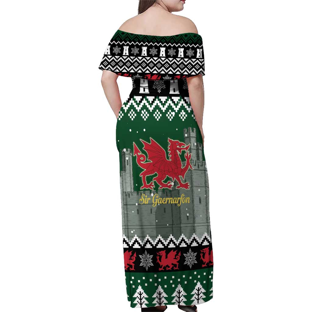 Caernarfonshire Wales Christmas Family Matching Off Shoulder Maxi Dress and Hawaiian Shirt Caernarfon Castle Red Dragon - Wonder Print Shop