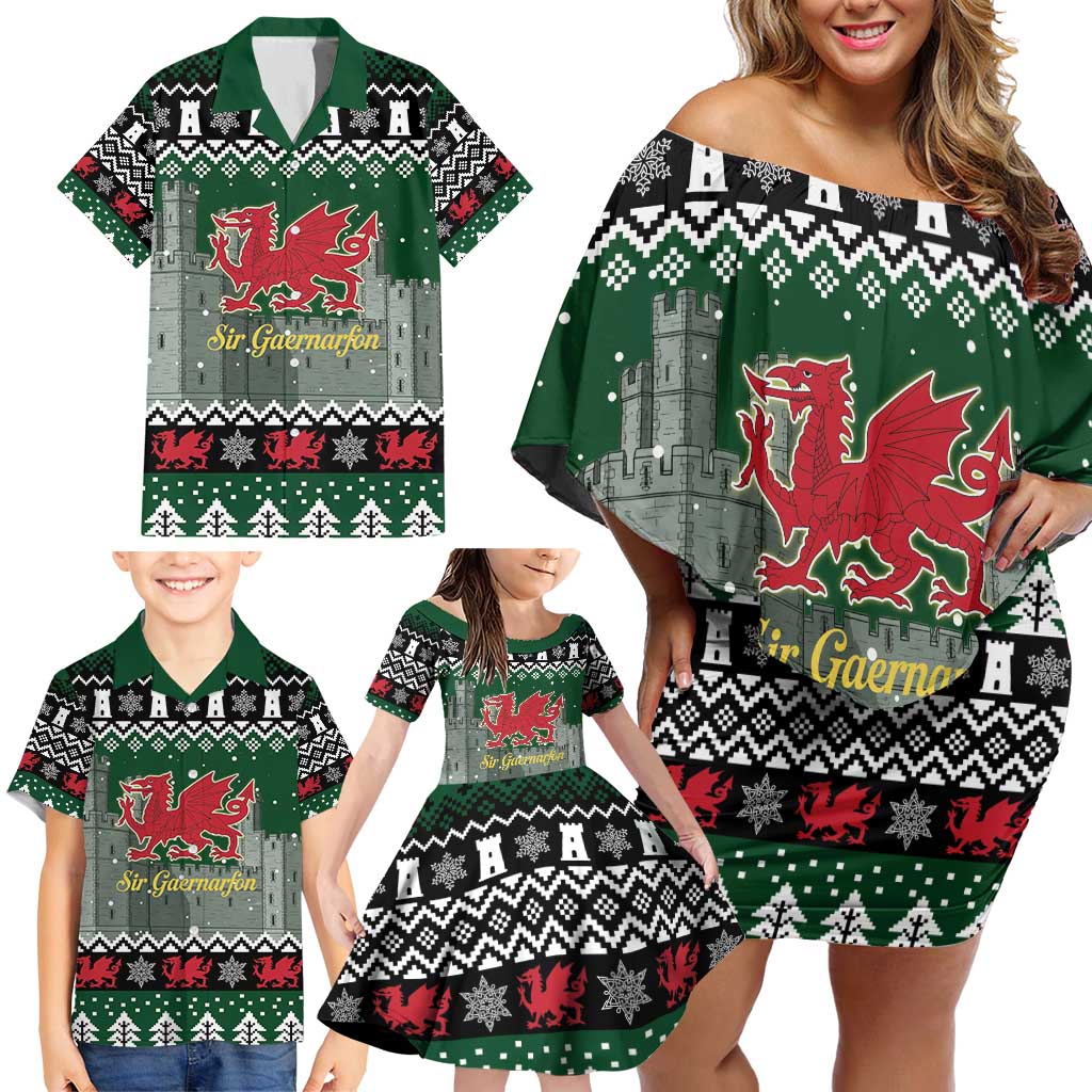 Caernarfonshire Wales Christmas Family Matching Off Shoulder Short Dress and Hawaiian Shirt Caernarfon Castle Red Dragon - Wonder Print Shop