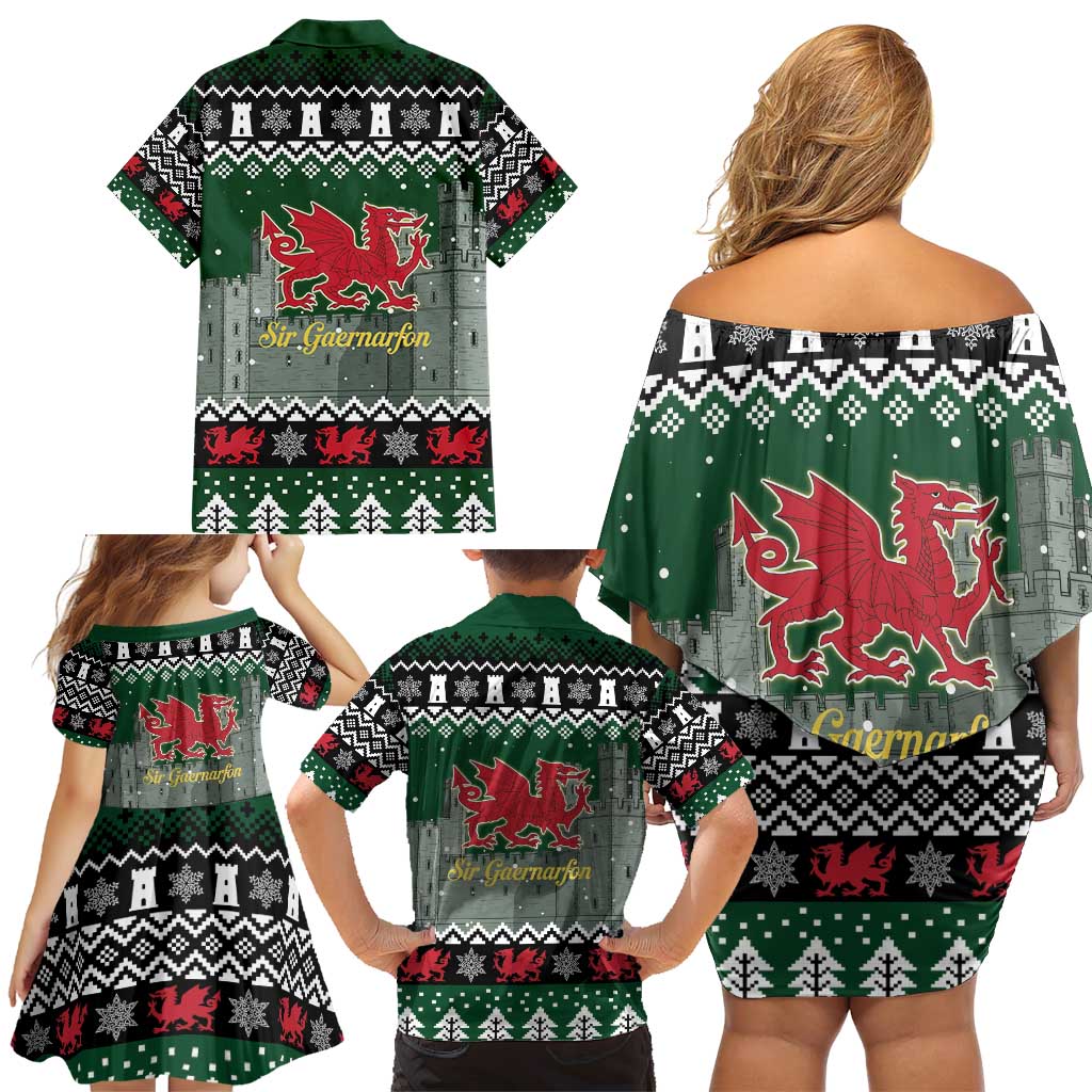 Caernarfonshire Wales Christmas Family Matching Off Shoulder Short Dress and Hawaiian Shirt Caernarfon Castle Red Dragon - Wonder Print Shop