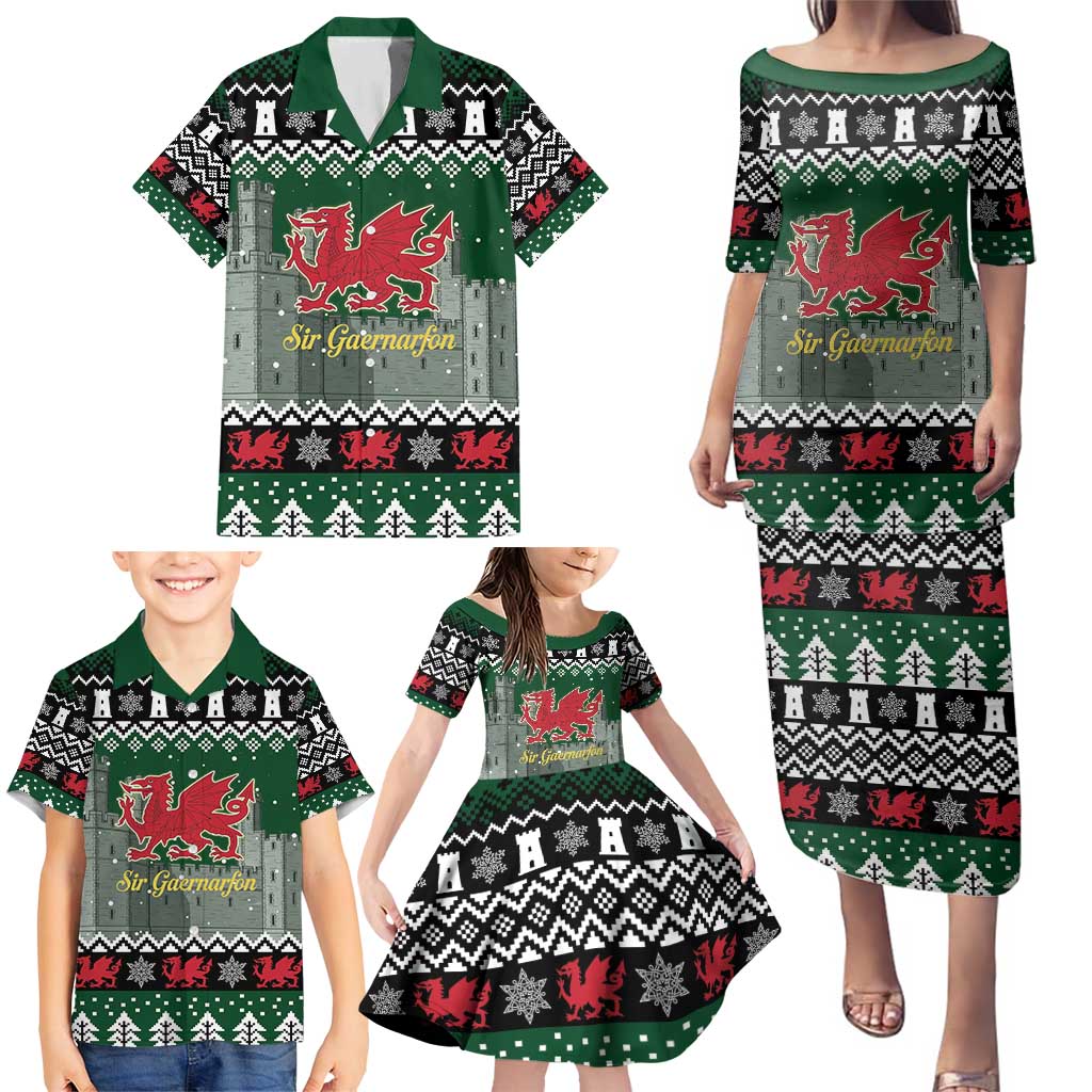 Caernarfonshire Wales Christmas Family Matching Puletasi and Hawaiian Shirt Caernarfon Castle Red Dragon - Wonder Print Shop