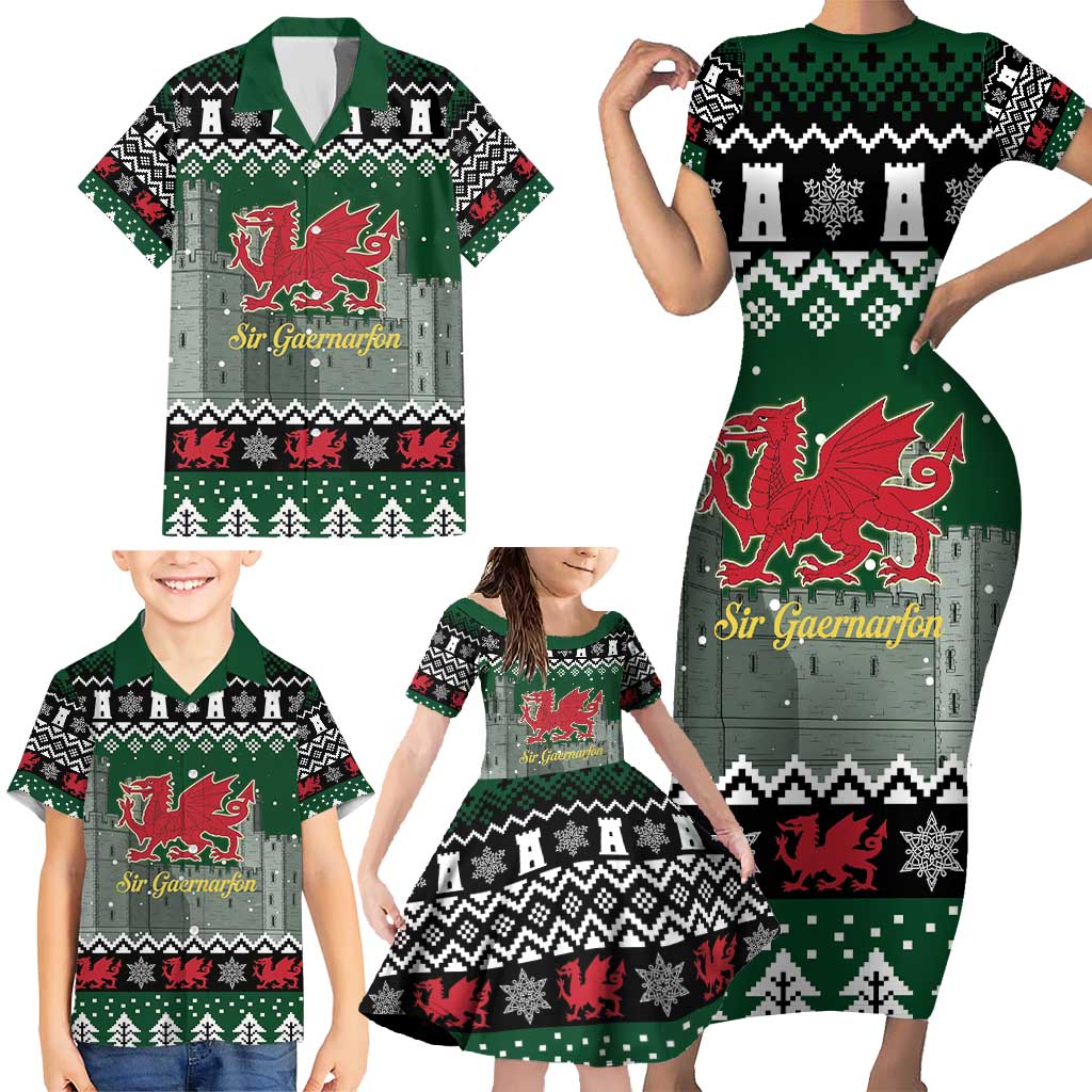 Caernarfonshire Wales Christmas Family Matching Short Sleeve Bodycon Dress and Hawaiian Shirt Caernarfon Castle Red Dragon - Wonder Print Shop