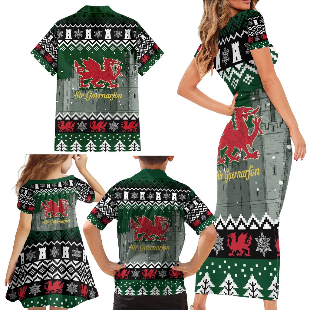 Caernarfonshire Wales Christmas Family Matching Short Sleeve Bodycon Dress and Hawaiian Shirt Caernarfon Castle Red Dragon - Wonder Print Shop
