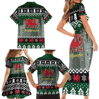 Caernarfonshire Wales Christmas Family Matching Short Sleeve Bodycon Dress and Hawaiian Shirt Caernarfon Castle Red Dragon - Wonder Print Shop
