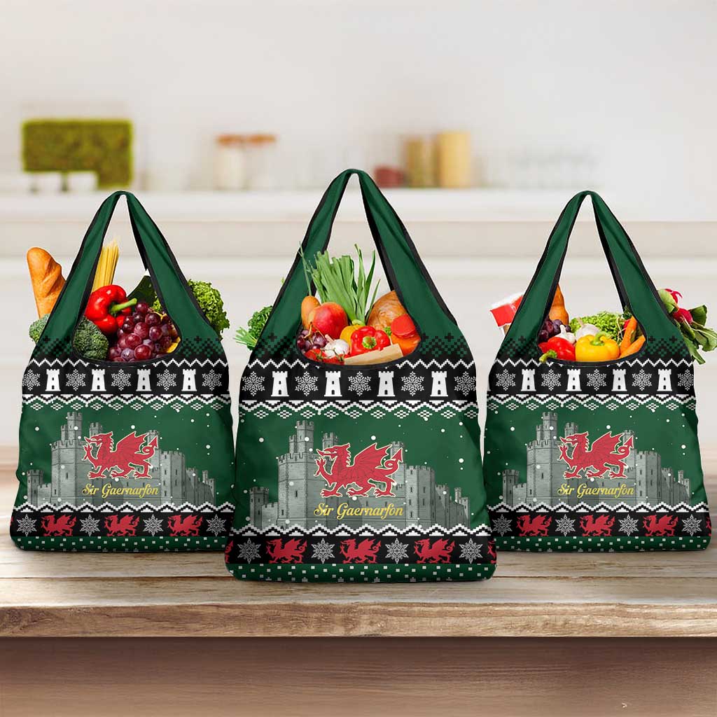 Caernarfonshire Wales Christmas Grocery Bag Caernarfon Castle Red Dragon - Wonder Print Shop
