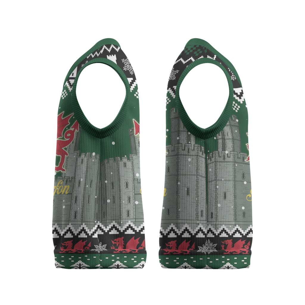 Caernarfonshire Wales Christmas Knitted V-Neck Vest Caernarfon Castle Red Dragon - Wonder Print Shop