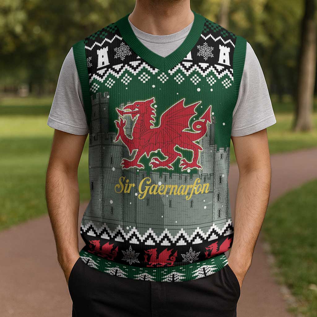 Caernarfonshire Wales Christmas Knitted V-Neck Vest Caernarfon Castle Red Dragon - Wonder Print Shop