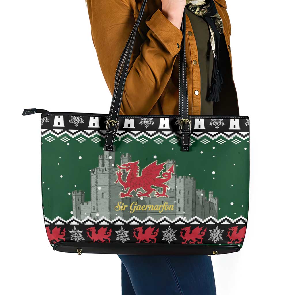 Caernarfonshire Wales Christmas Leather Tote Bag Caernarfon Castle Red Dragon - Wonder Print Shop