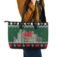 Caernarfonshire Wales Christmas Leather Tote Bag Caernarfon Castle Red Dragon - Wonder Print Shop