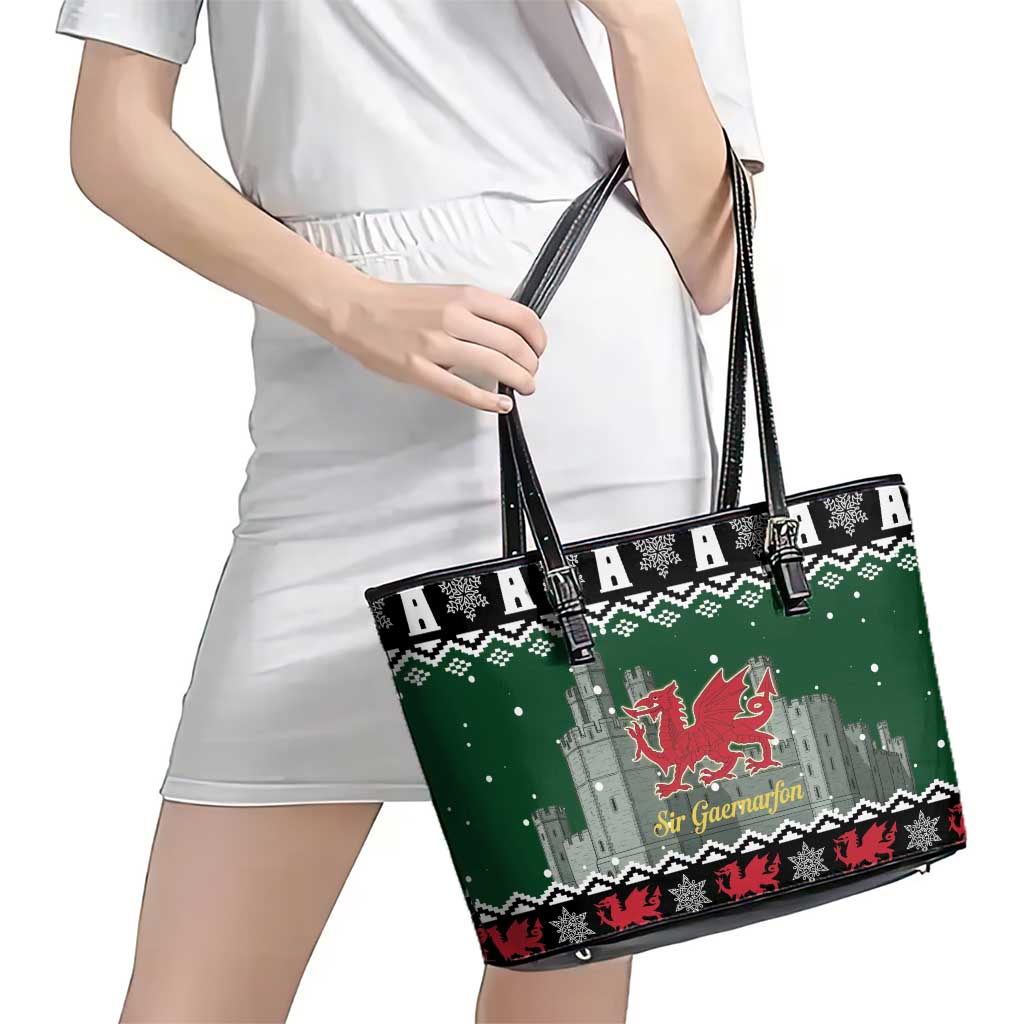 Caernarfonshire Wales Christmas Leather Tote Bag Caernarfon Castle Red Dragon - Wonder Print Shop