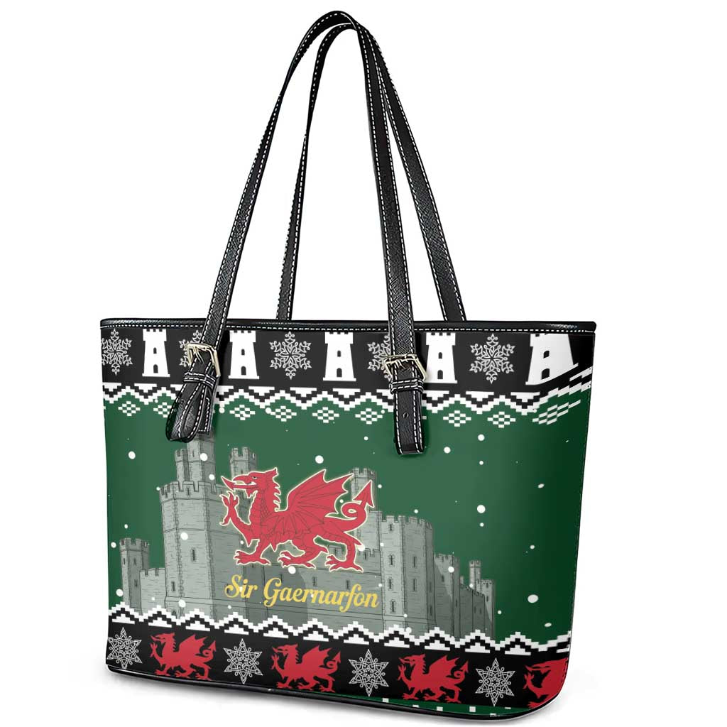 Caernarfonshire Wales Christmas Leather Tote Bag Caernarfon Castle Red Dragon - Wonder Print Shop