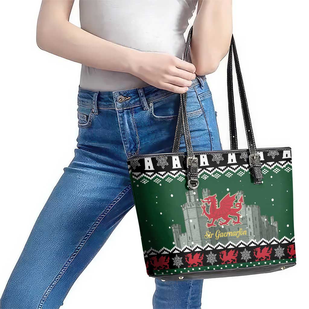 Caernarfonshire Wales Christmas Leather Tote Bag Caernarfon Castle Red Dragon - Wonder Print Shop