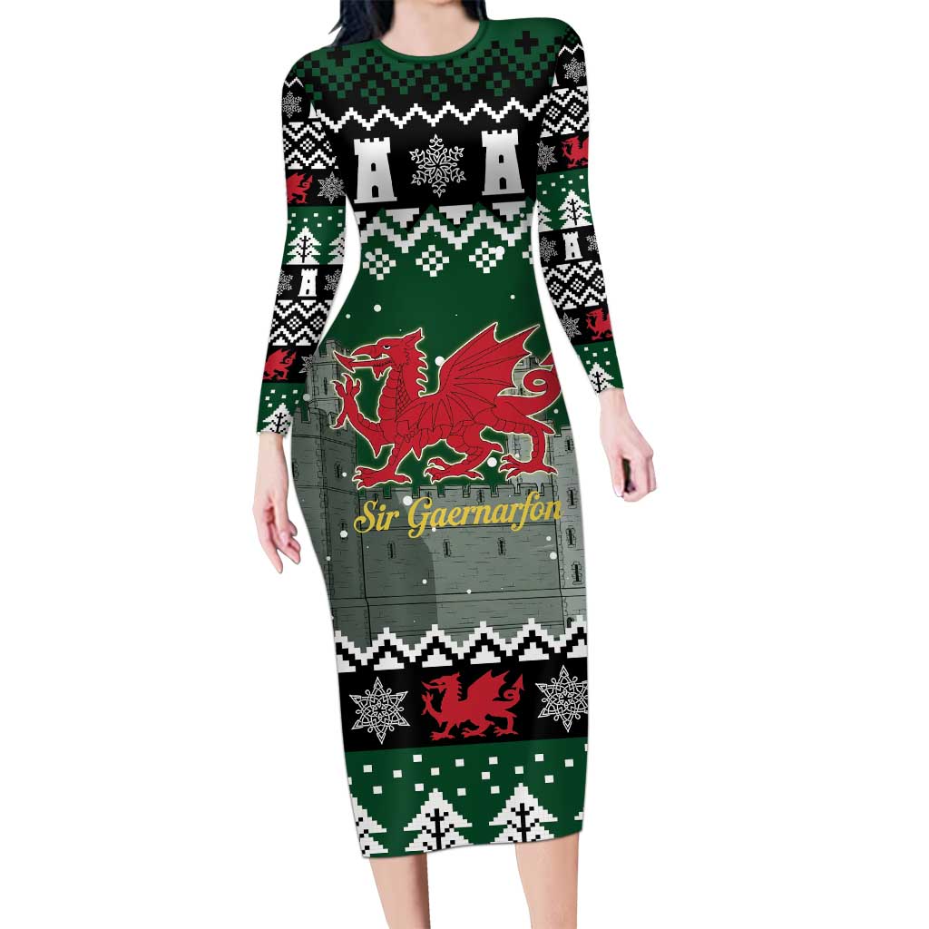 Caernarfonshire Wales Christmas Long Sleeve Bodycon Dress Caernarfon Castle Red Dragon - Wonder Print Shop