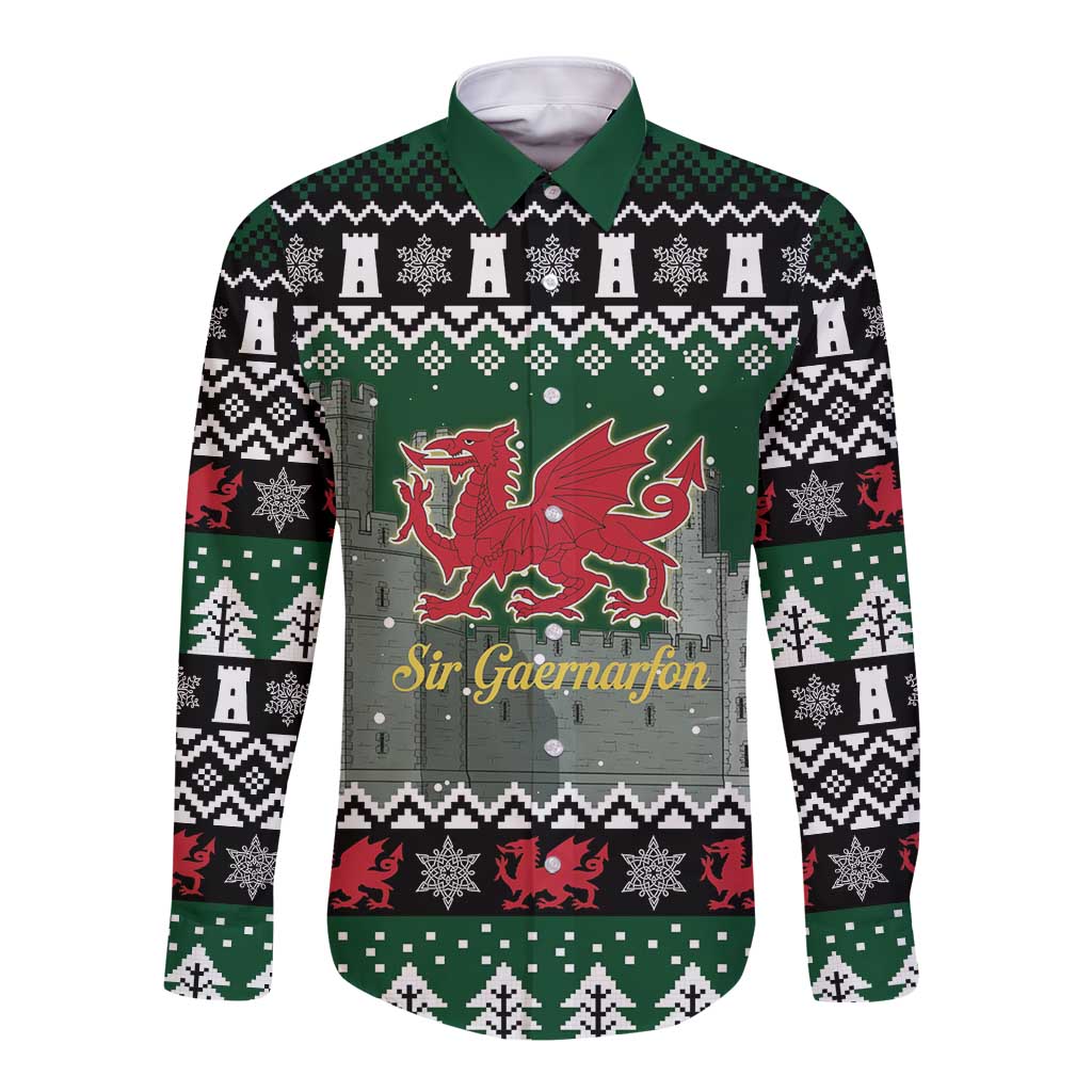 Caernarfonshire Wales Christmas Long Sleeve Button Shirt Caernarfon Castle Red Dragon - Wonder Print Shop