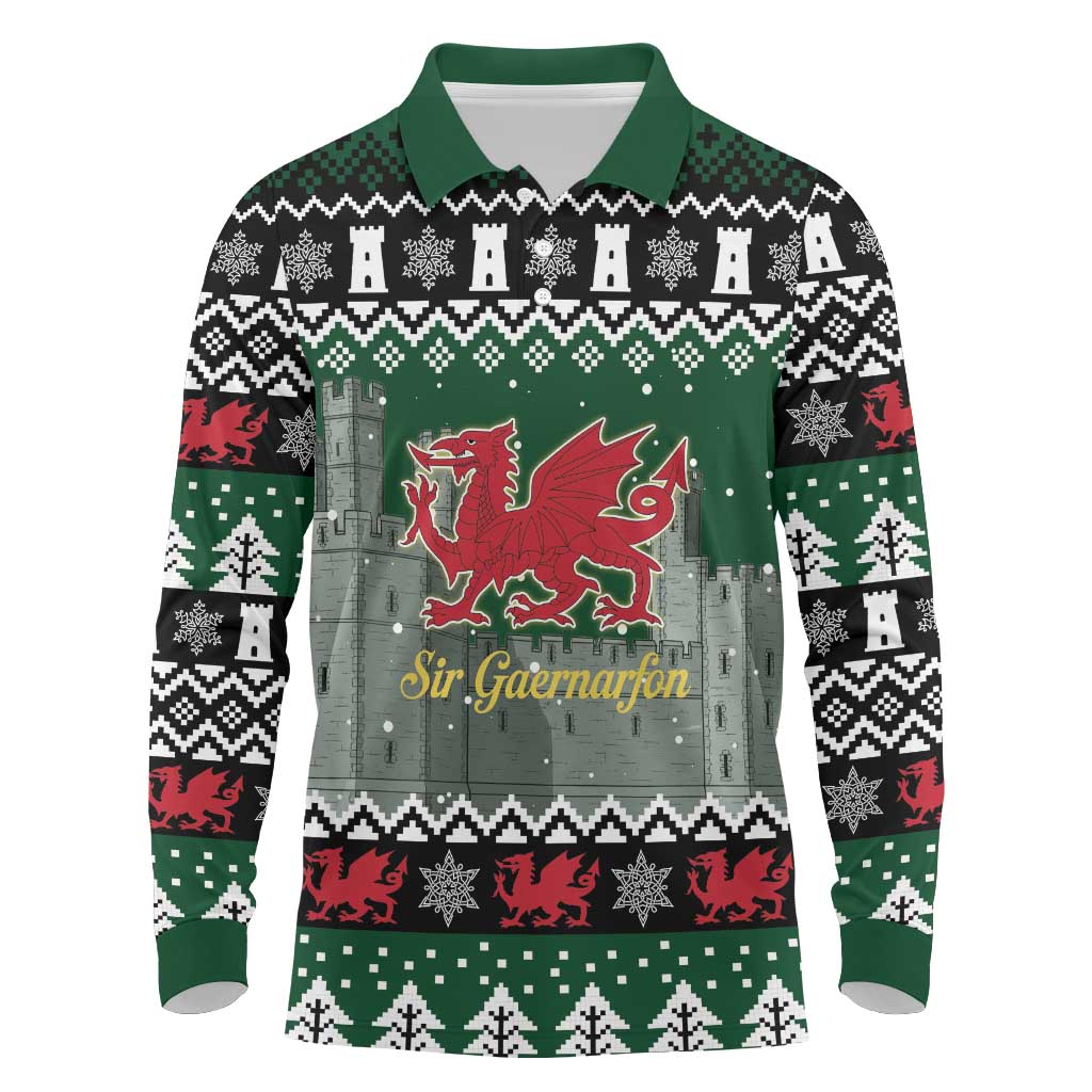 Caernarfonshire Wales Christmas Long Sleeve Polo Shirt Caernarfon Castle Red Dragon - Wonder Print Shop